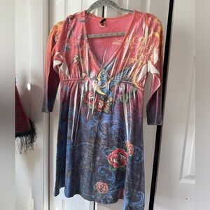 Colors in Motion V-Neck Floral Ombre Long Sleeve Dress in Pink and Blue